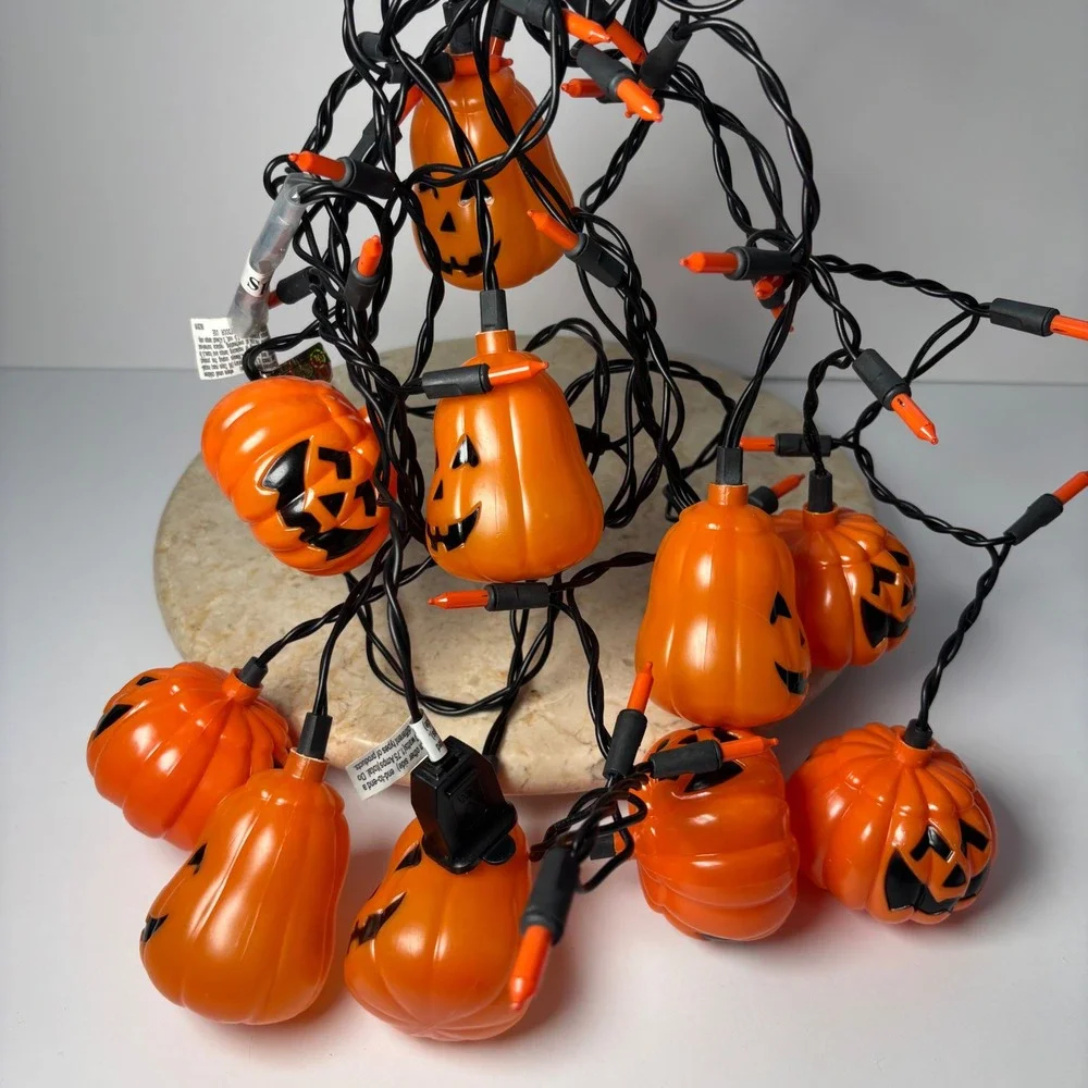 VTG Halloween Pumpkin Jack-O-Lantern‎ String Lights Orange Black Plug-in Decor